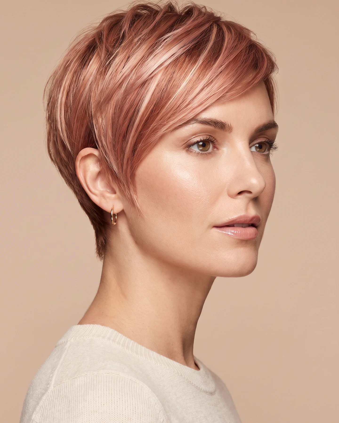 Illustrative image: woman with a pixie cut in rose gold and copper